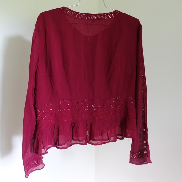 Burgundy Red Beaded Embroidered Sheer Vintage Blouse Size L - Picture 5 of 5